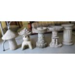 Composition stone terrace ornaments: to include two pedestal bird baths  16"h  13"dia