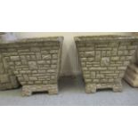 A pair of composition stone planters of tapered box design, on separate plinths  16"h  16"w