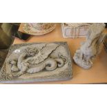 A composition stone plaque, depicting a dragon  12" x 17"; and a composition stone dragon  12"h