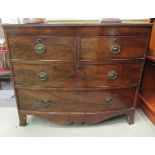 An early 19thC string inlaid mahogany bow front four drawer chest, raised on bracket feet  33"h