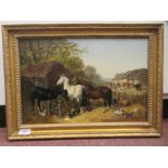 JF Herring Jnr - a farmyard scene with horses, cows, pigs and poultry  oil on canvas  bears a