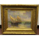 Roberto **** - a shoreline scene with figures disembarking two sailing vessels  oil on canvas  bears