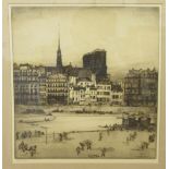 After William Walker - 'Notre Dame, Paris' with activity on the shoreline of the Seine  etching