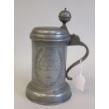 A late 18thC German pewter cylindrical, lidded tankard, bears the owner's inscribed monogram and
