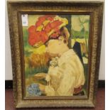 A 20thC Continental profile portrait, a girl wearing a bonnet, gathering flowers  oil on board  17.