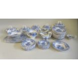 19thC dolls' china tableware, decorated in blue and white and featuring children seated around a
