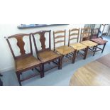 Six various late 19th/20thC chairs: to include a pair of oak framed, splat back chairs, the hollow