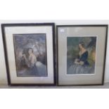 Two similar Baxter prints - women in a garden setting  13" x 10"  framed