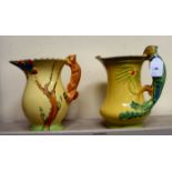 Two early 20thC Burleigh Ware china jugs, each decorated in bright colours with novelty handles, one