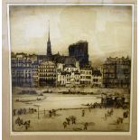 After William Walker - 'Notre Dame, Paris' with activity on the shoreline of the Seine  etching