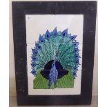 A mid 20thC six ceramic tiled picture, a stylised peacock in tubline colours  18" x 12"  framed