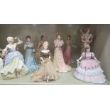 Ten Naples Wedgwood, Coalport and other ceramic figures, ladies in elegant clothing  largest 9"h