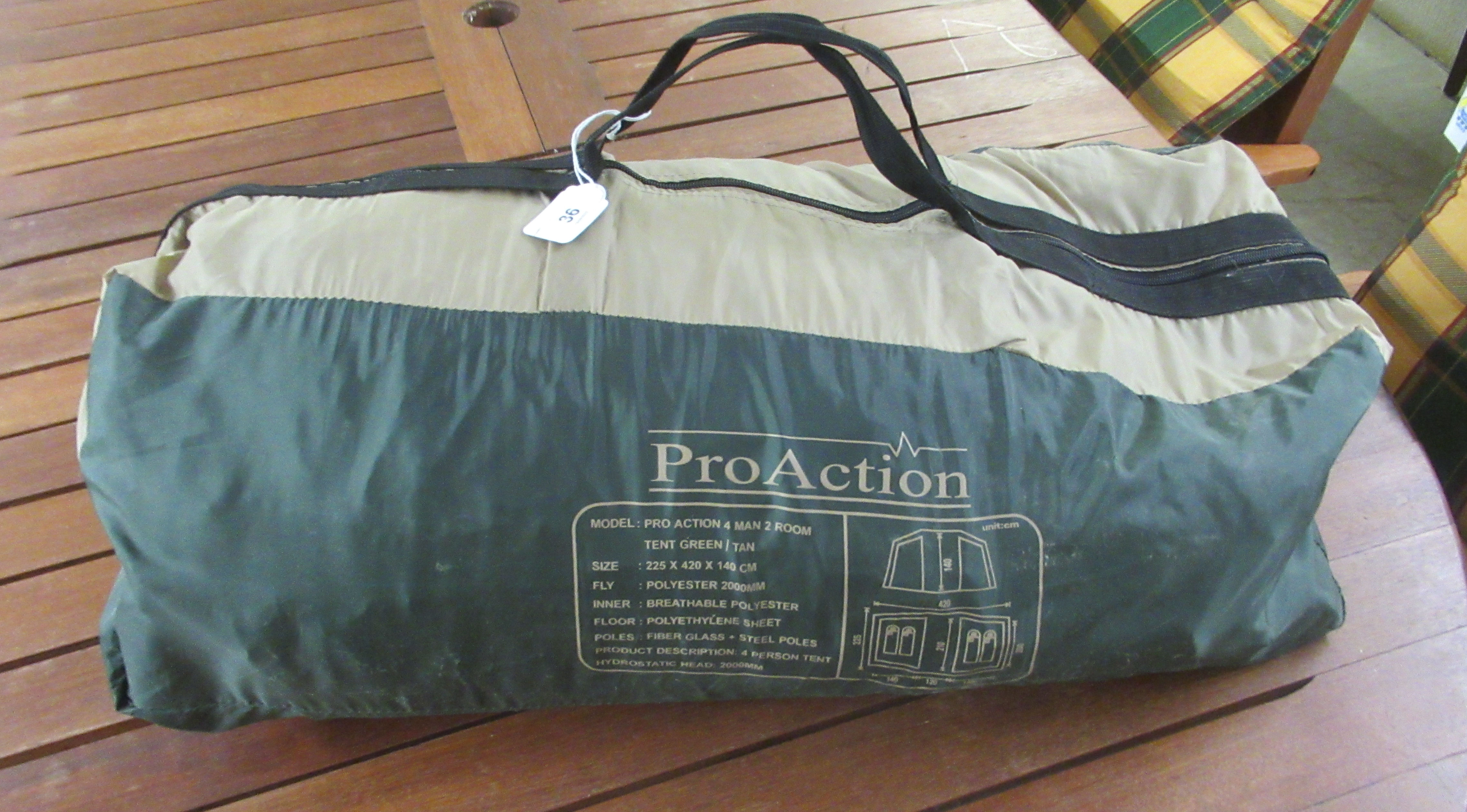 A Pro Action two man, two room tent, in a carrying bag