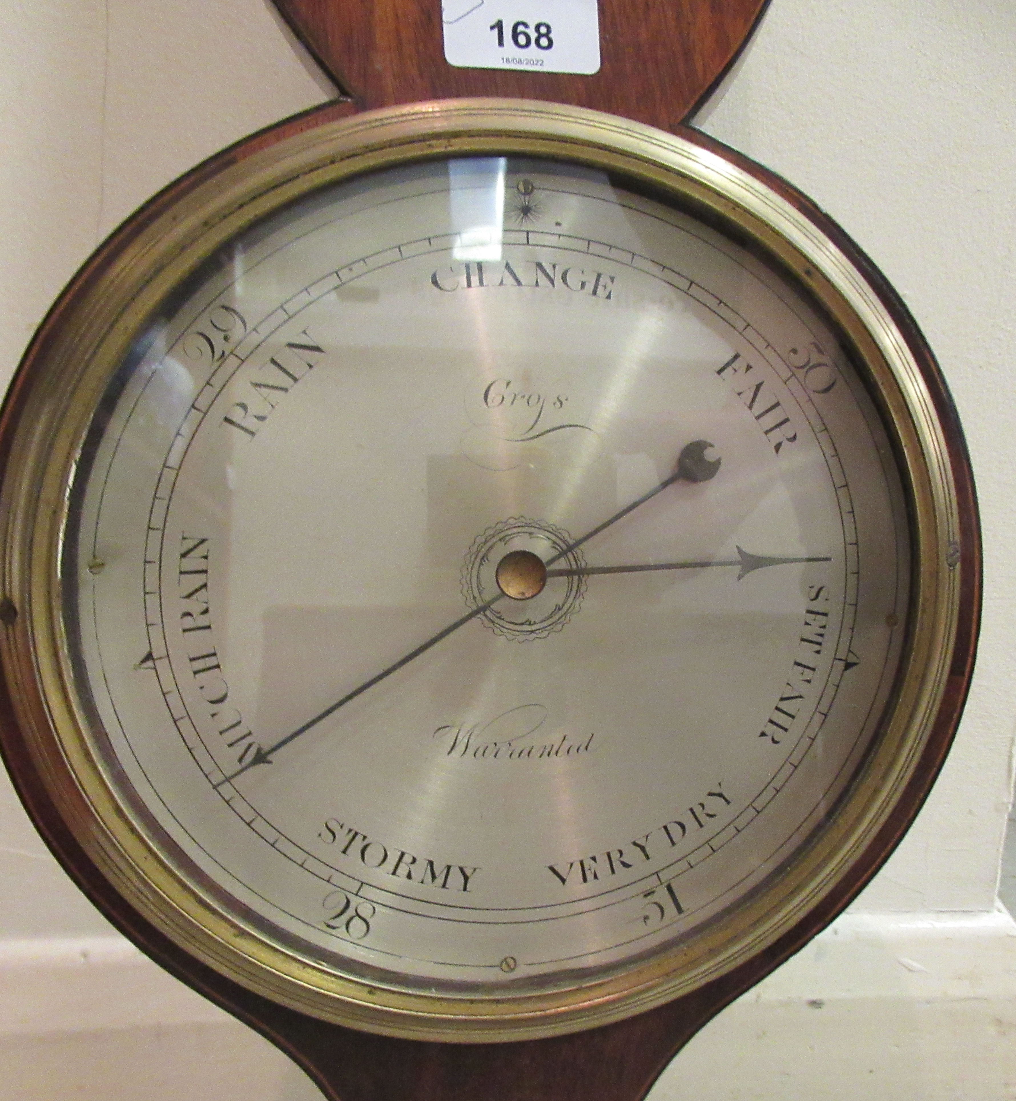 A 19thC string inlaid and marquetry mahogany cased wheel barometer with a broken arch pediment, - Image 3 of 3