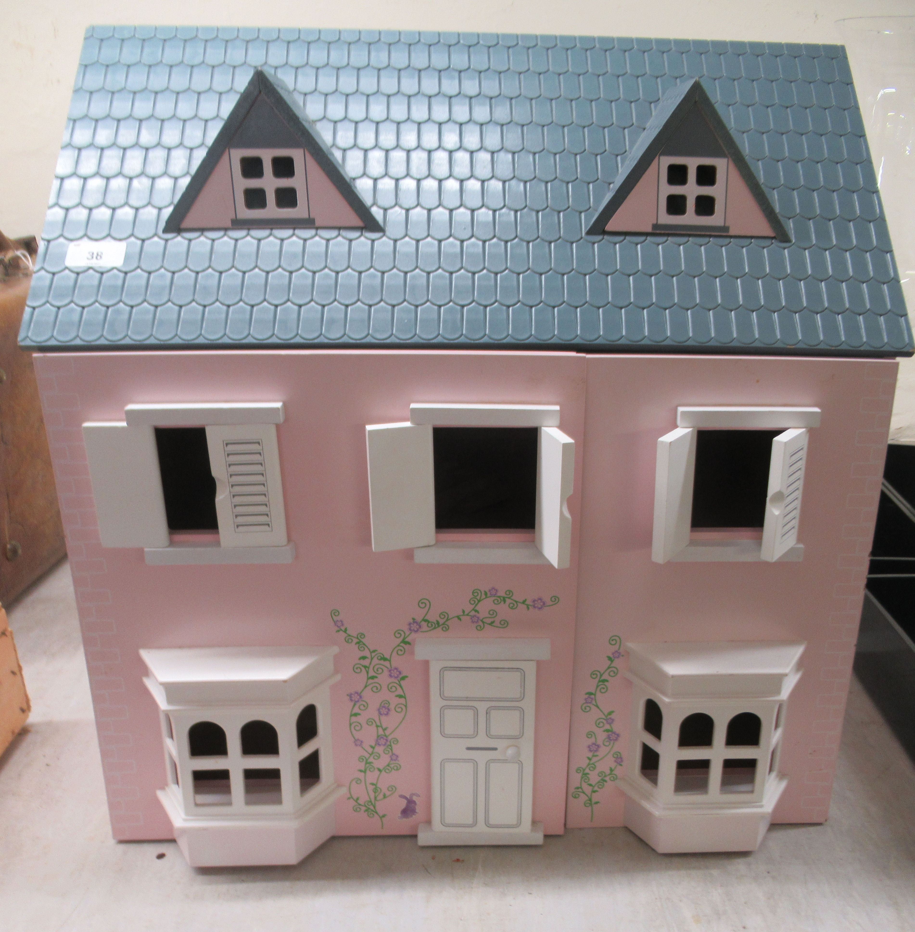 A modern MDF dolls house with a hinged roof and double opening front  24"h  24"w