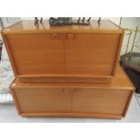 A modern Turnidge teak finished livingroom cabinet, enclosed by a pair of doors, raised on a