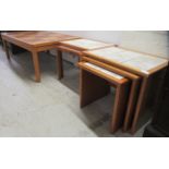 A modern nesting set of three teak finished ceramic tile topped tables  largest 17"h  20"w; a