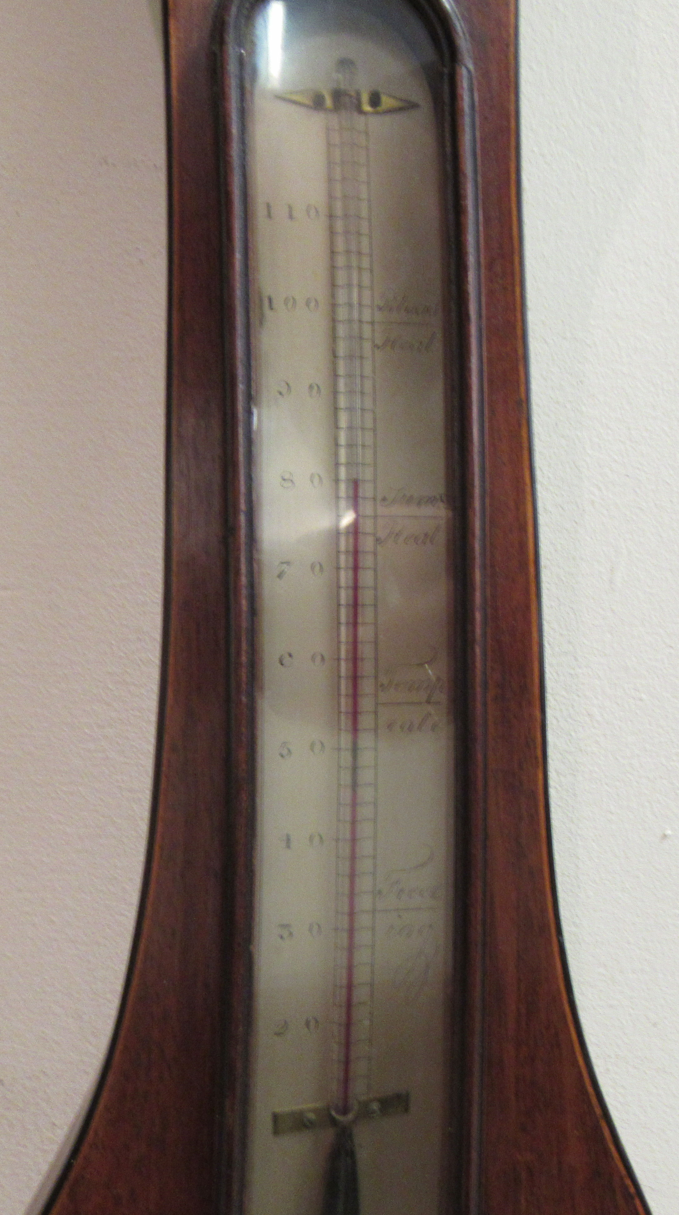 A 19thC string inlaid and marquetry mahogany cased wheel barometer with a broken arch pediment, - Image 2 of 3
