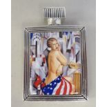 An Art Deco style white metal and enamel, rectangular perfume bottle, featuring an American