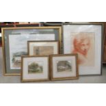 Five framed pictures: to include a chalet by a lake  watercolour  14" x 18"
