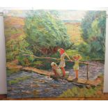 A 20thC scene, depicting three children playing on a bridge, over a stream  oil on canvas  bears