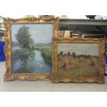 Pictures: to include a study of hay stacks  oil on canvas  15" x 19"  framed