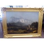 19thC Continental School - an Alpine landscape with two figures, a church and a farmstead in the