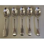 A matched set of five 19thC silver fiddle pattern dessert spoons  mixed marks