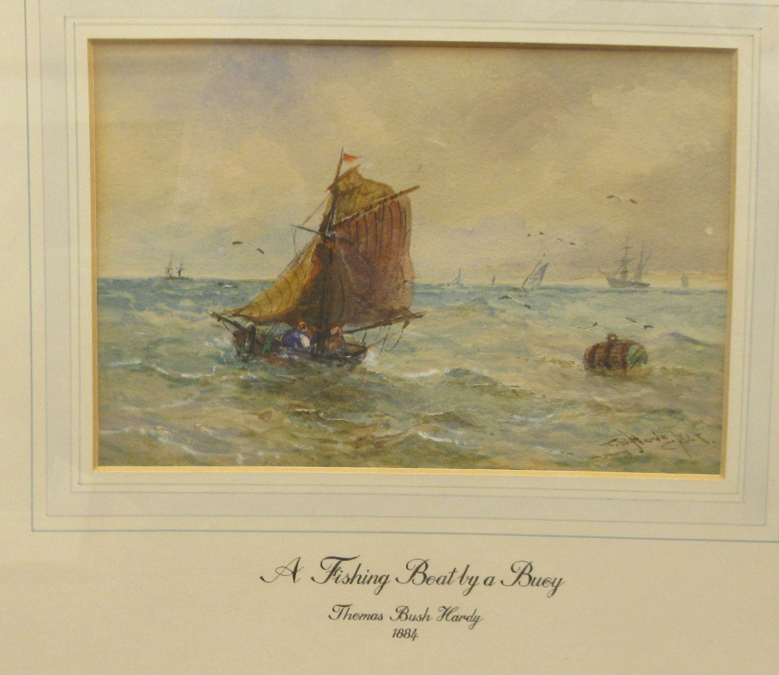 T Bush Hardy - fishing boats by a buoy  watercolour  bears a signature  4.5" x 6.5"  framed