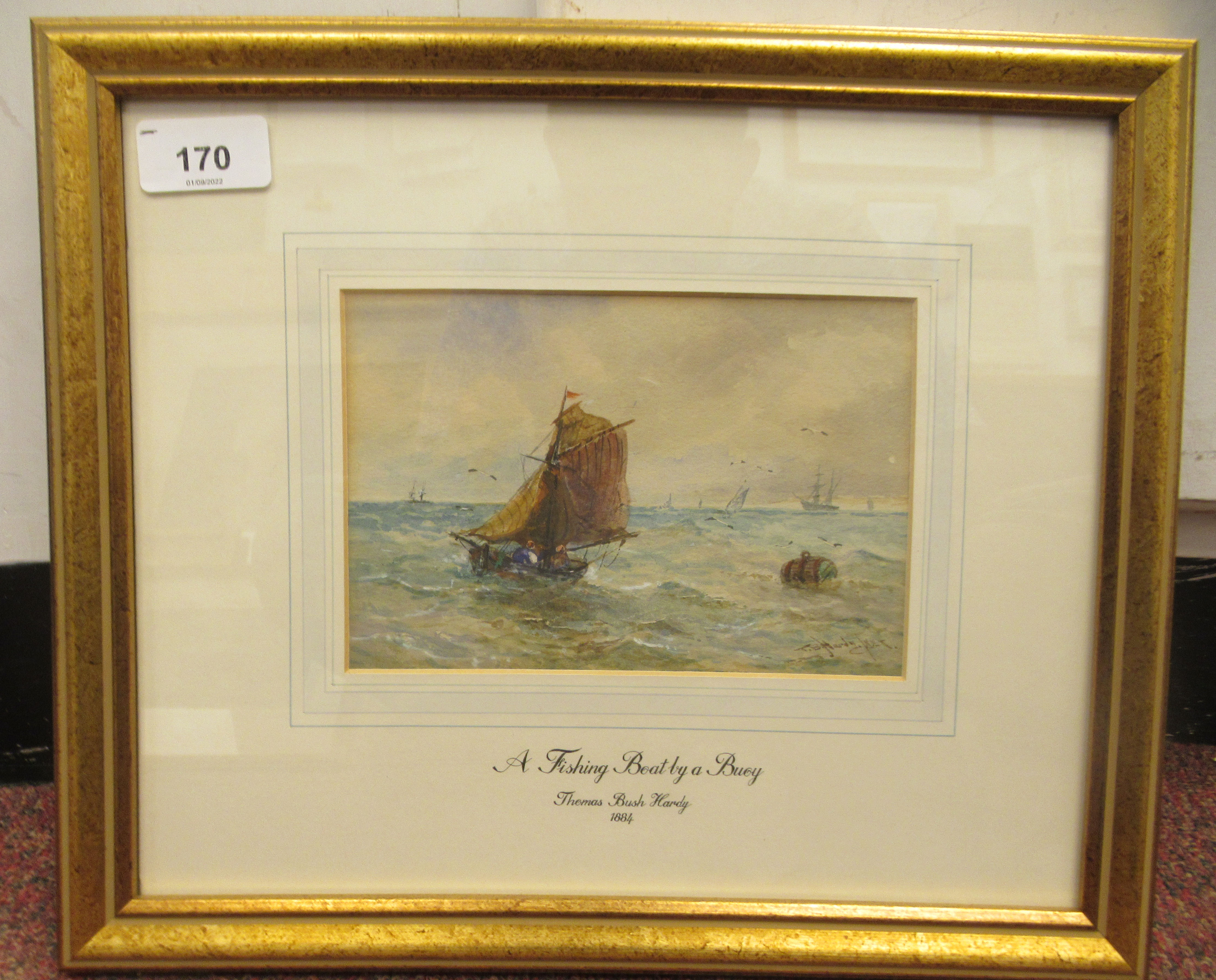 T Bush Hardy - fishing boats by a buoy  watercolour  bears a signature  4.5" x 6.5"  framed - Image 2 of 6