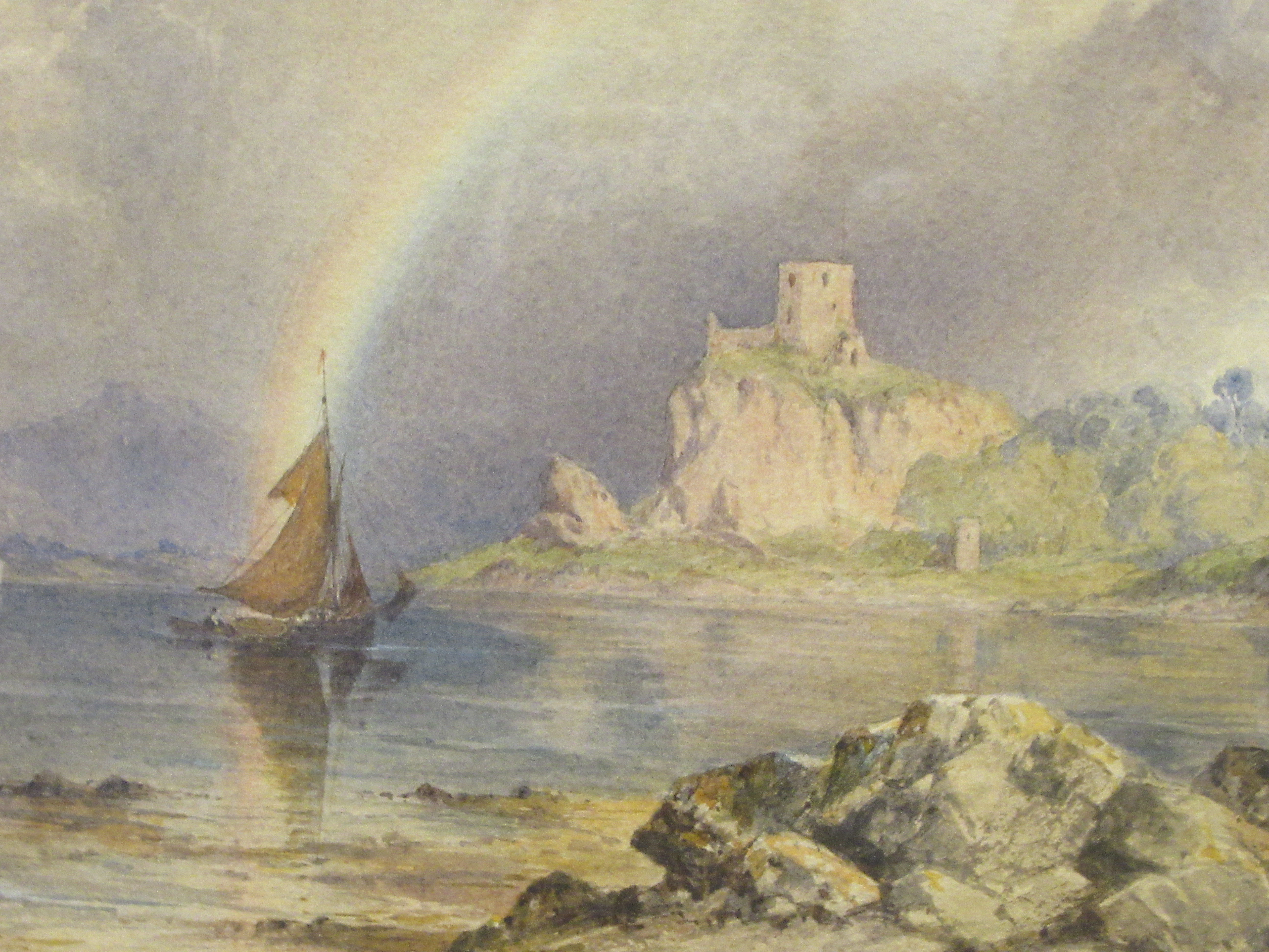 Early 19thC British School - a riverscape in a rainbow sky with a sailing boat and castle ruins - Image 2 of 4