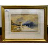 19thC British School - a sailing boat on a highland loch by a fortified house  watercolour  bears