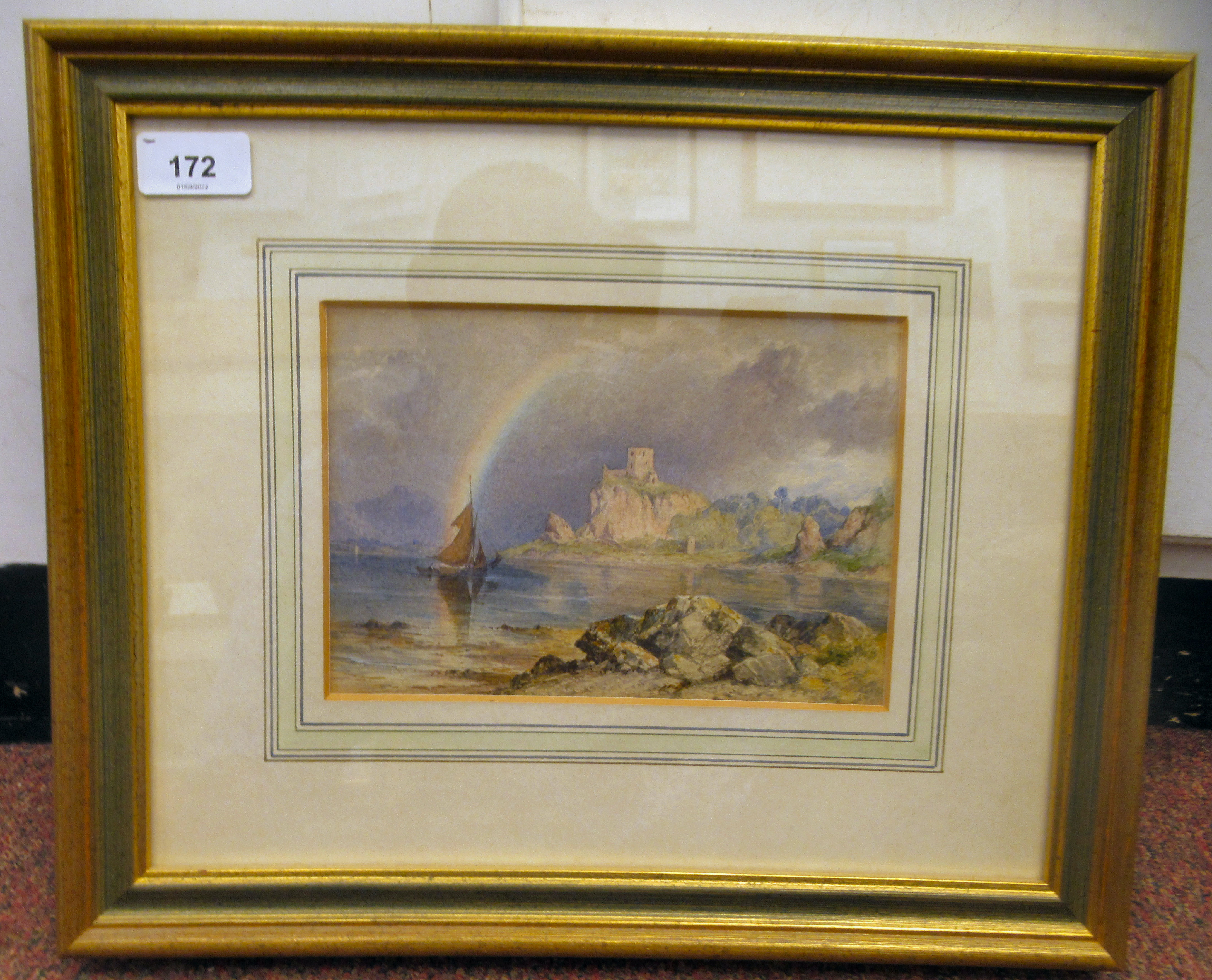 Early 19thC British School - a riverscape in a rainbow sky with a sailing boat and castle ruins