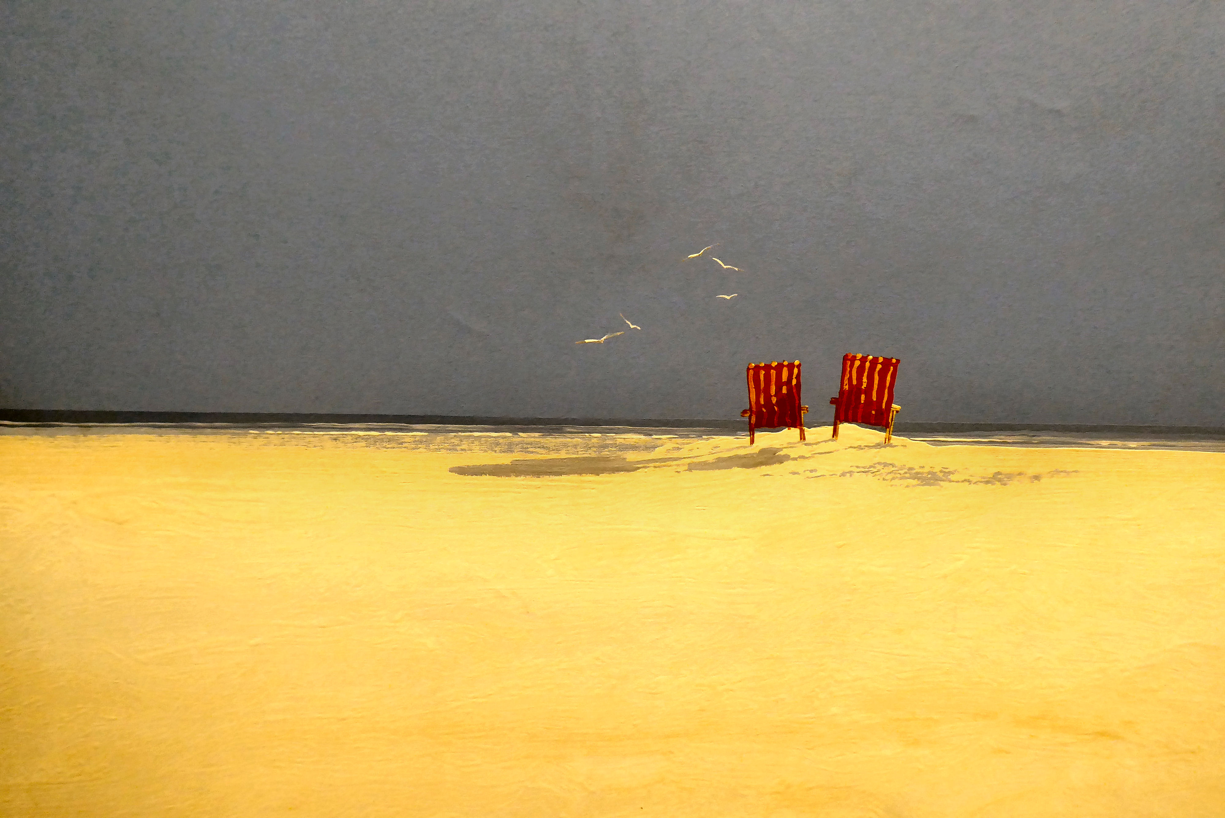 John Horsewell - a study of two deckchairs and gulls, on a deserted seashore  acrylic on canvas - Image 2 of 4