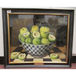 20thC British School - a still life study, apples and pears in a bowl, on a ledge  oil on board