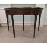 An early 20thC Continental inspired string inlaid mahogany, demi-lune card table, raised on tapered,