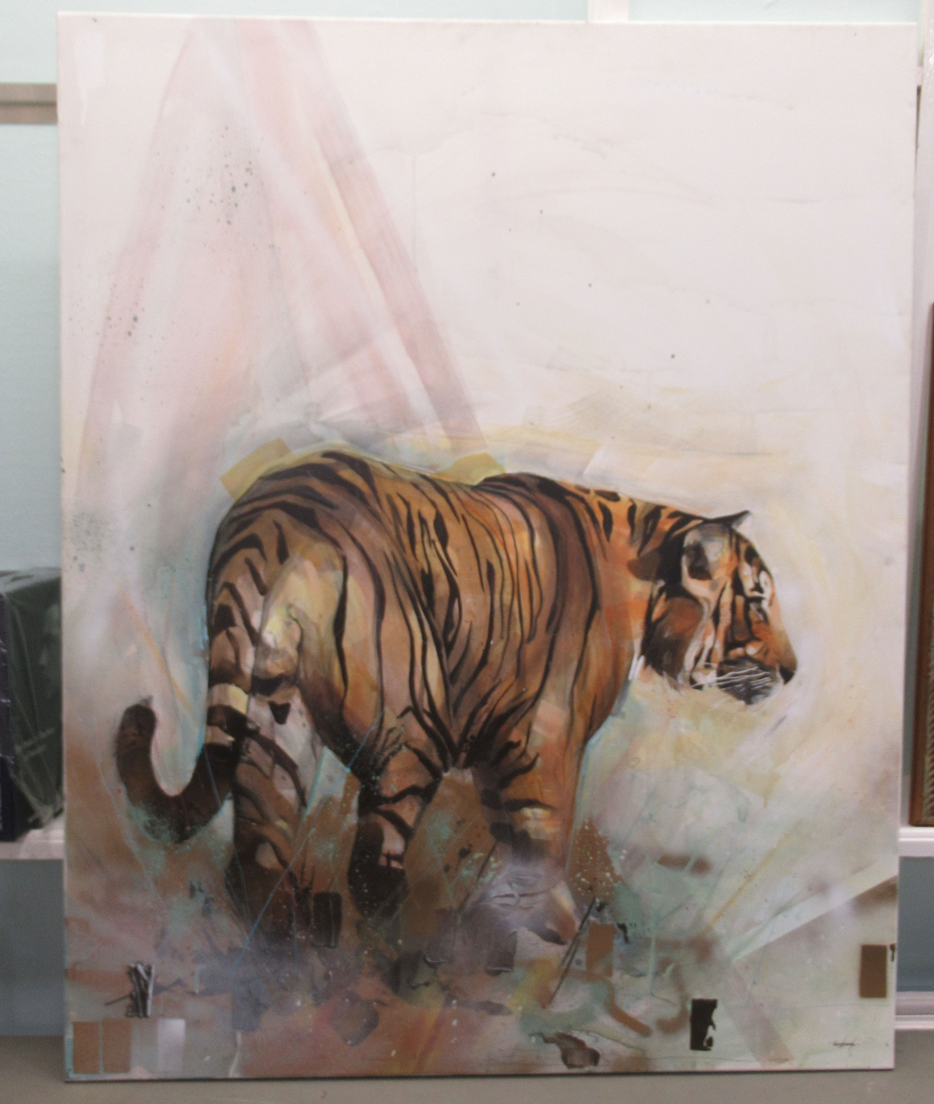 Emily Lamb (granddaughter of David Shepherd) - a prowling tiger  mixed media on canvas  bears a