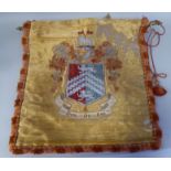 A 19thC embroidered silk banner (probably Welsh) worked in bi-coloured metal thread and featuring