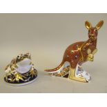 Two Royal Crown Derby china paperweights, viz. a 1999 kangaroo with a gilt stopper from The