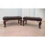 A pair of modern antique finished rectangular stools, upholstered in studded and buttoned