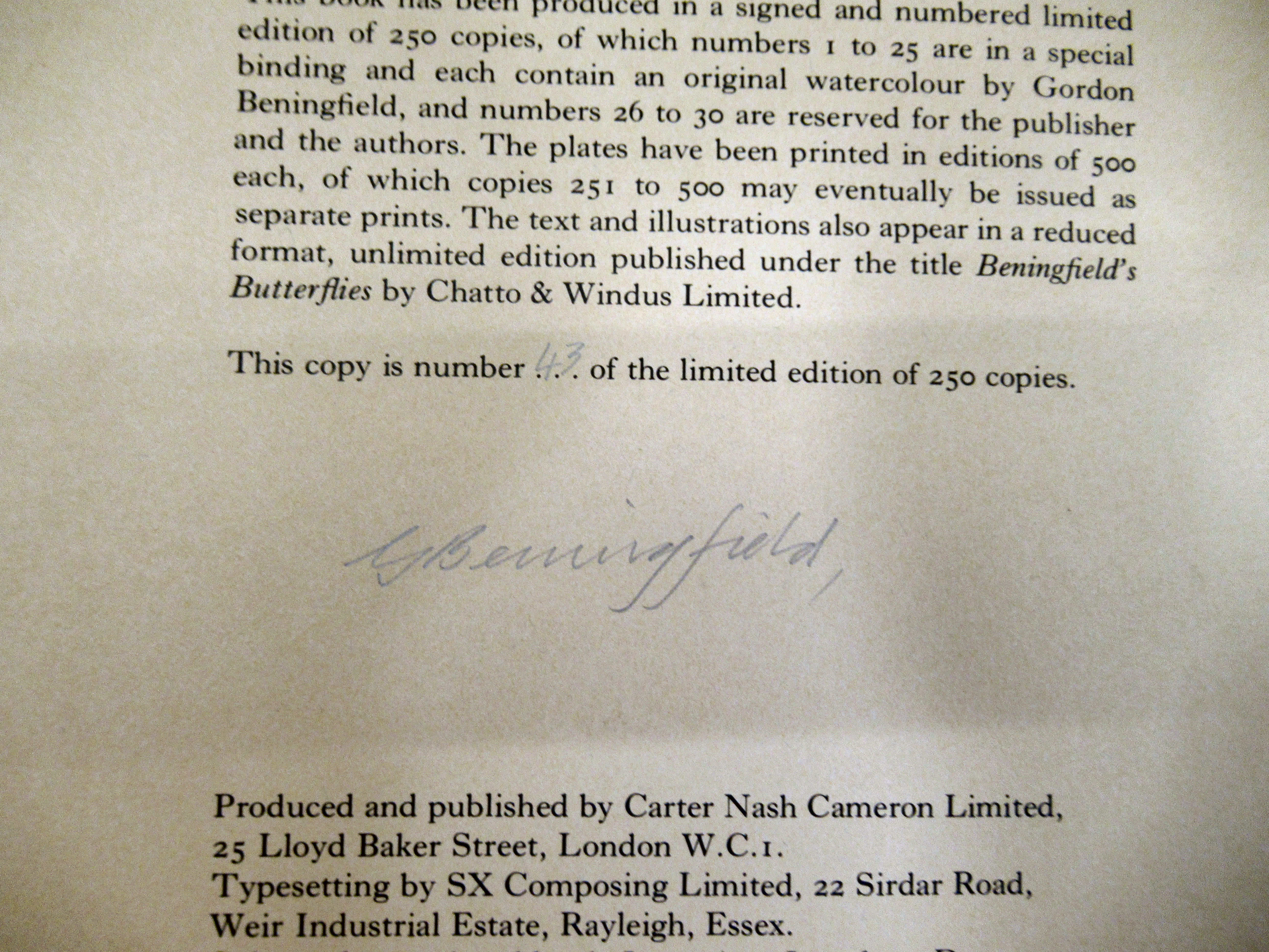 Book: 'Gordon Benningfield Butterflies'  Limited Edition 43/250  bears a 1978 Moorland gallery - Image 5 of 5