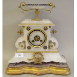 A late 19thC Continental gilded metal mounted white alabaster cased mantel clock, surmounted by a