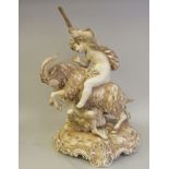 An early/mid 20thC (possibly Austrian) porcelain group, two youths wrestling with a ram, on a