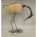 A 1970s Gabriella Binazzi white metal and shell sculpture, a wading bird  bears an impressed mark