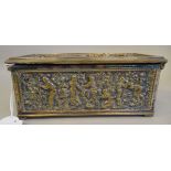 A 19thC Continental silver plated casket with straight sides, a lockable, hinged lid and fabric