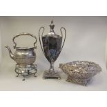Early/mid 20thC silver plated tableware, viz. a bread basket; a kettle on stand; and a samovar