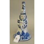 A 19thC Dutch delft table bell, decorated in blue and white, fashioned as a wizard wearing a tall