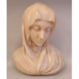 A 19thC carved alabaster bust, a young woman wearing a veil  16.5"h