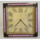 An Art Deco brass and champleve enamel desk clock; the 8 day movement faced by an Arabic dial  4"sq