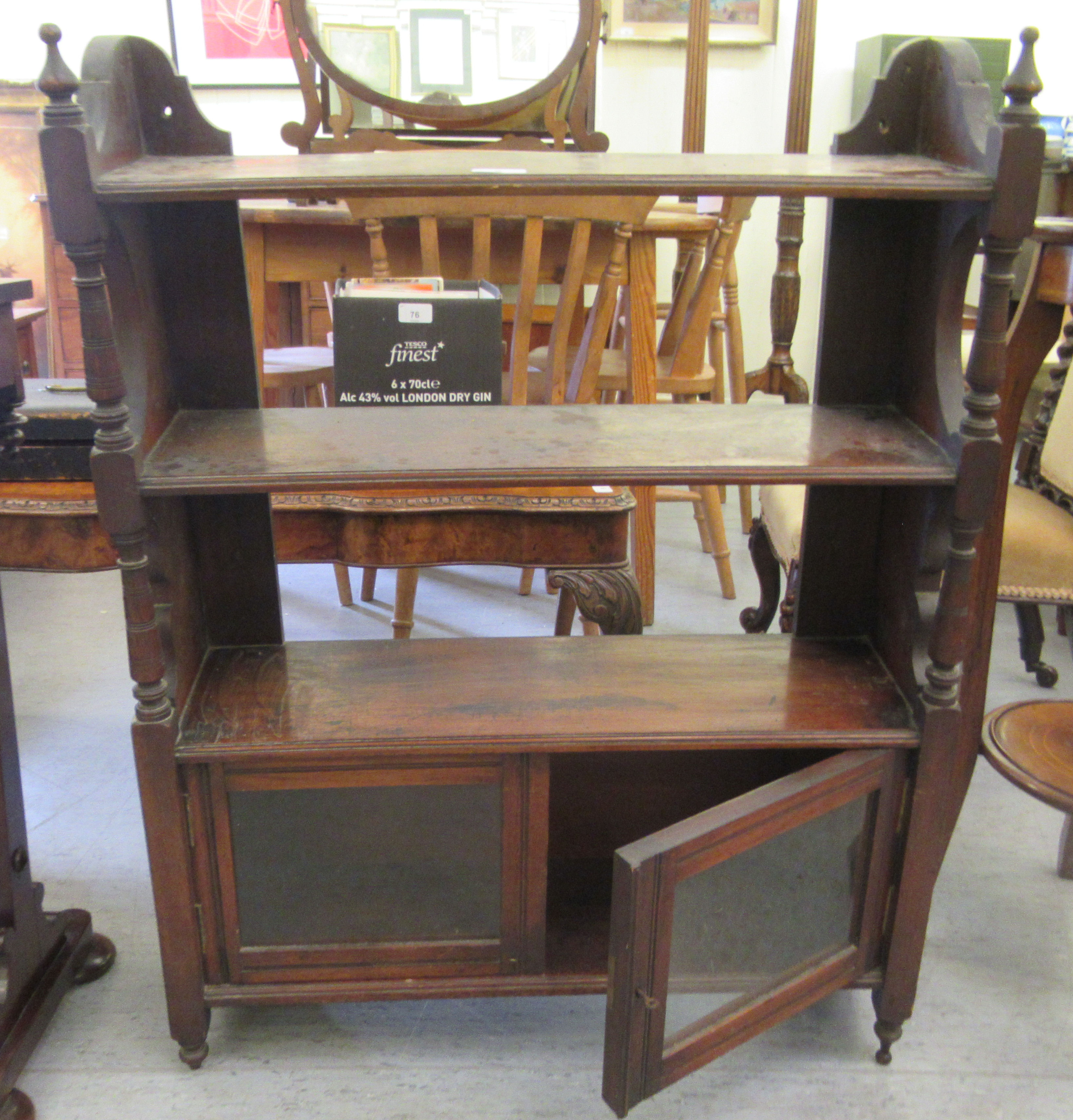 An Edwardian mahogany wall cabinet with two open shelves and two glazed doors  36"h  27"w